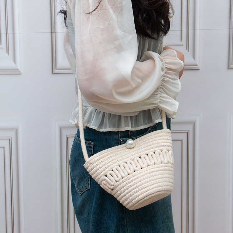 Pearl Cotton Thread Bag Women's New Pearl Straw Bag Beach Vacation Shoulder Crossbody Small Bag