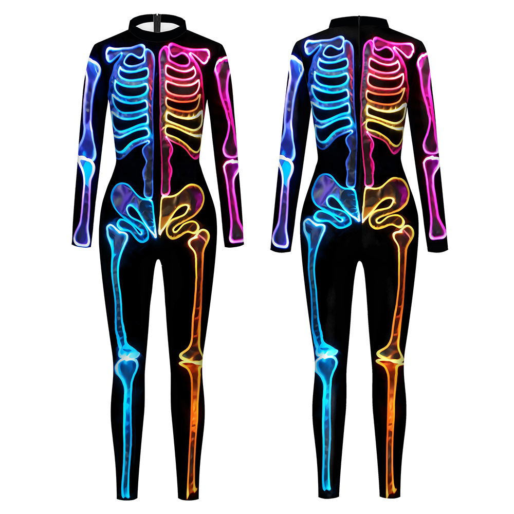 European and American New Color Skeleton Printing cos Halloween Long Sleeve Tights Women's Jumpsuit Stage Performance Clothes