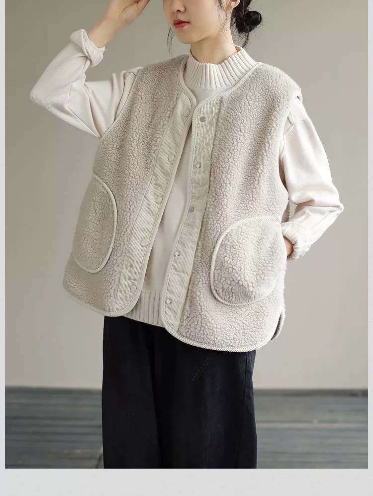 Gilet in pelliccia di agnello bifacciale per donna autunno e inverno Nuovo gilet retrò artistico ampio in velluto a coste cappotto positivo e negativo cappotto imbottito in cotone_voghion.com