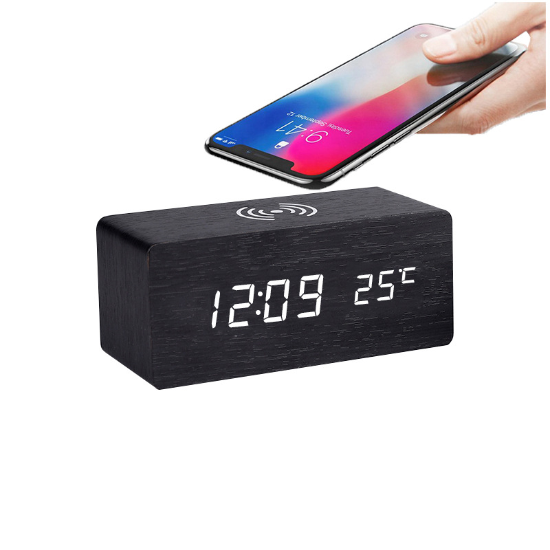 Source manufacturers wireless charging wooden clock led wood digital clock creative wireless charging electronic thermometer alarm clock
