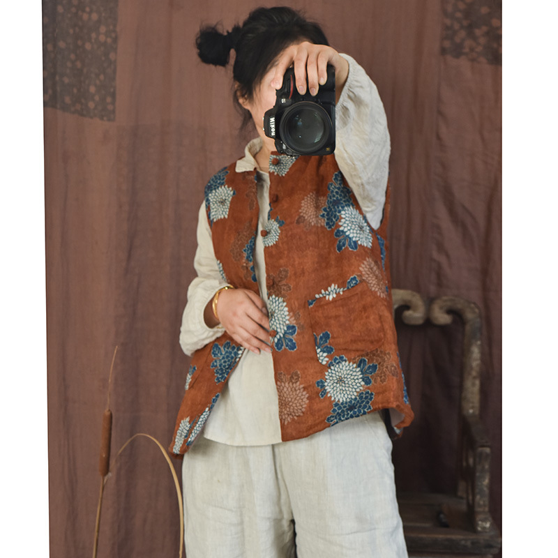 4026 Original fait maison femme Guofeng vintage coton rembourré veste gilet automne et hiver ramie imprimé boucle coton gilet_voghion.com