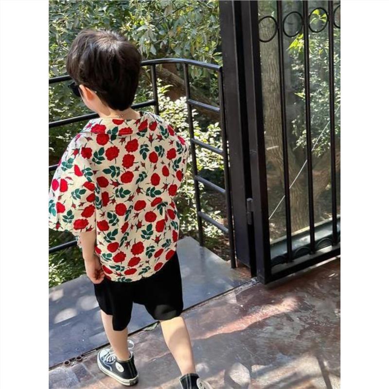 Boys' Hong Kong Style Flower Shirt Summer Children's Wear 2023 New Baby Top Fried Street Children's Short-sleeved Loose Shirt Trendy