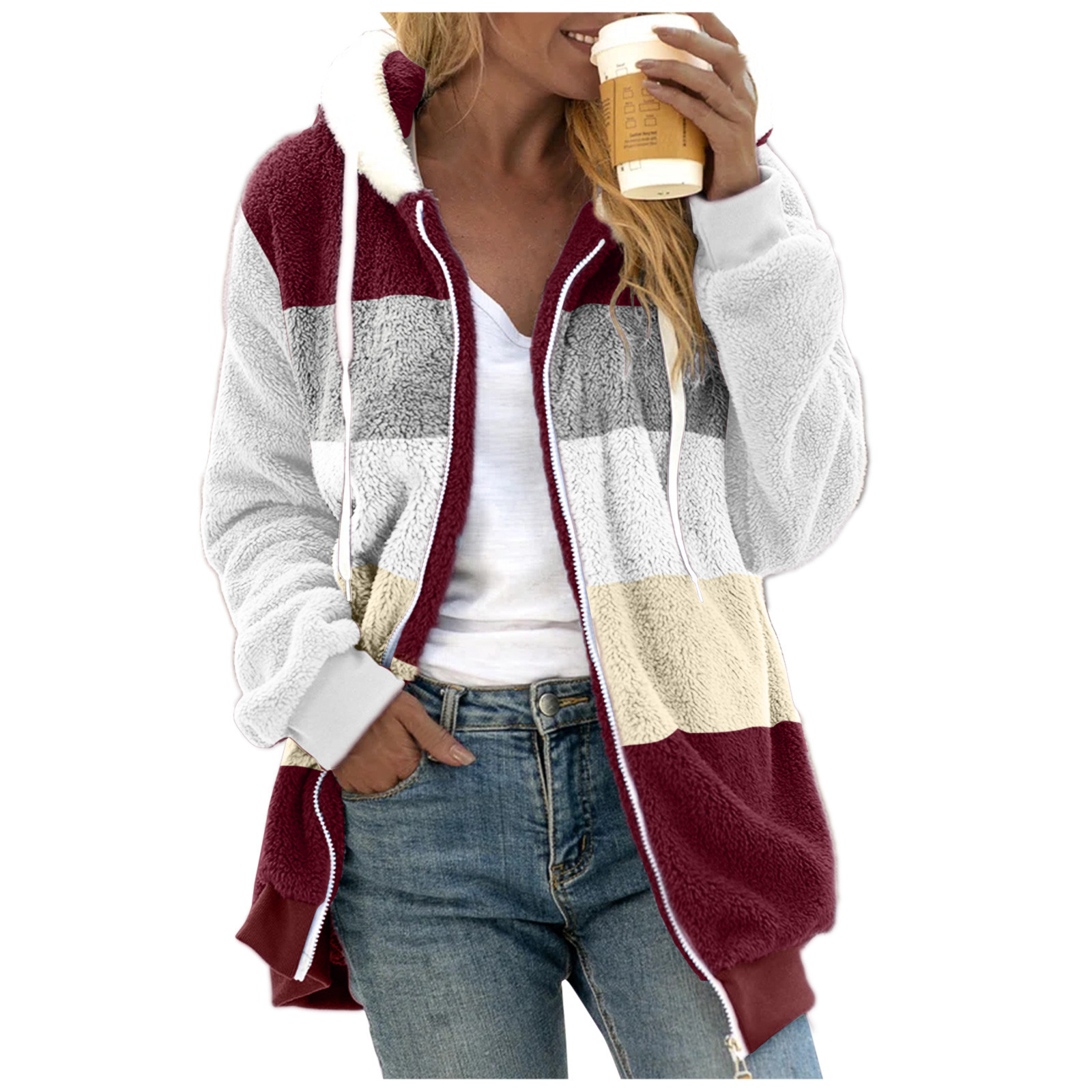 wish independent station 2021 Amazon hot sale new autumn and winter loose plush multi-color stitching hooded coat for women