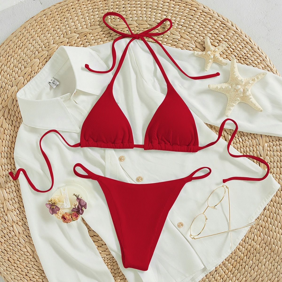 2024 New European and American Sexy Lace-up Neck Hot Spring Bikini Multicolor Three-point Sexy Split Swimsuit Women