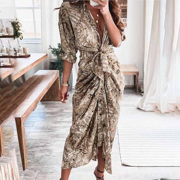 2025 Spring European and American Women's Foreign Trade New Elegant Sexy Printed V-Neck Pleated Irregular Strap dress