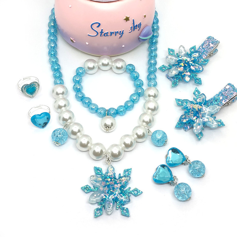 Cross-border New Frozen Snowflake Children Pearl Necklace Bracelet Ear Clip Ring Hairpin Set Girl Jewelry