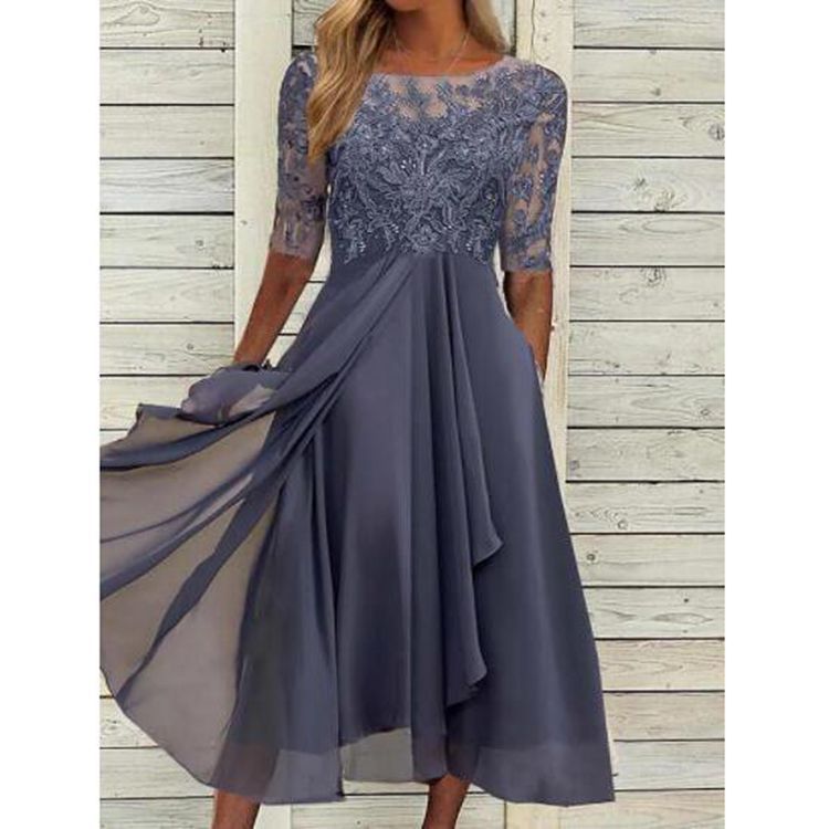 2023 European Station Cross-border Amazon Dress Chiffon Stitching Lace Hollow Dress Bridesmaid Evening Dress Women's Dress