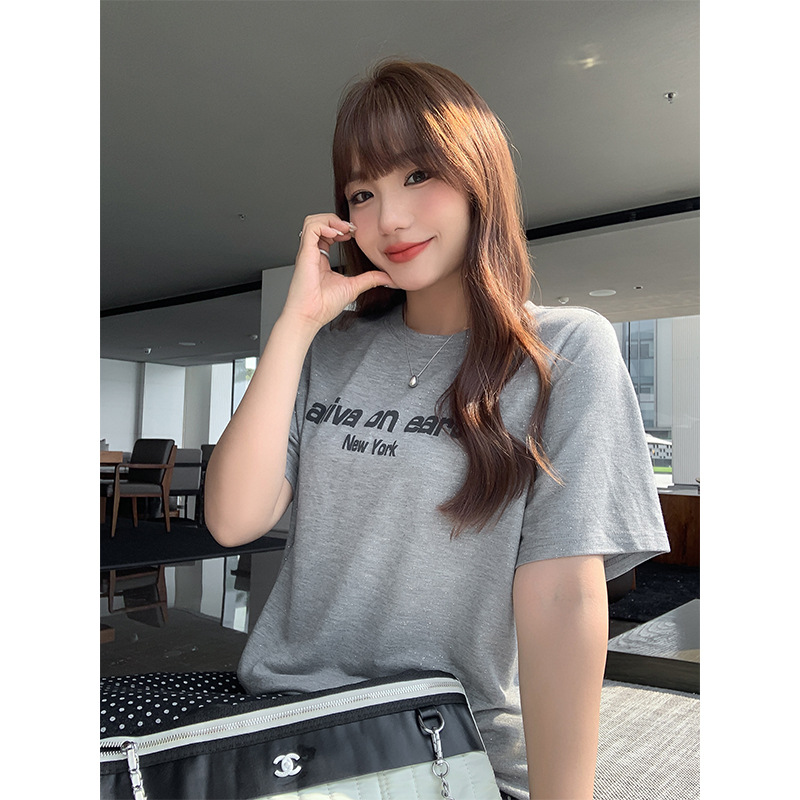Silver Shine Loose Large-size Round Neck T-shirt Women's plus size chubby girl Letter Printed Shoulder Short-sleeved Top 63291