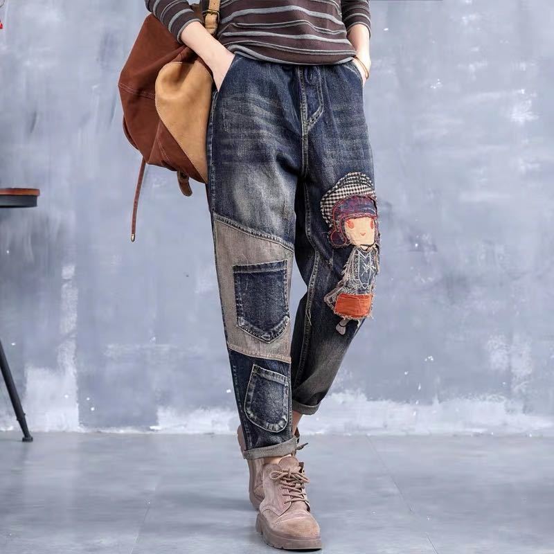 [Spot] loose jeans women's new elastic waist casual large size retro patch embroidery old harem pants