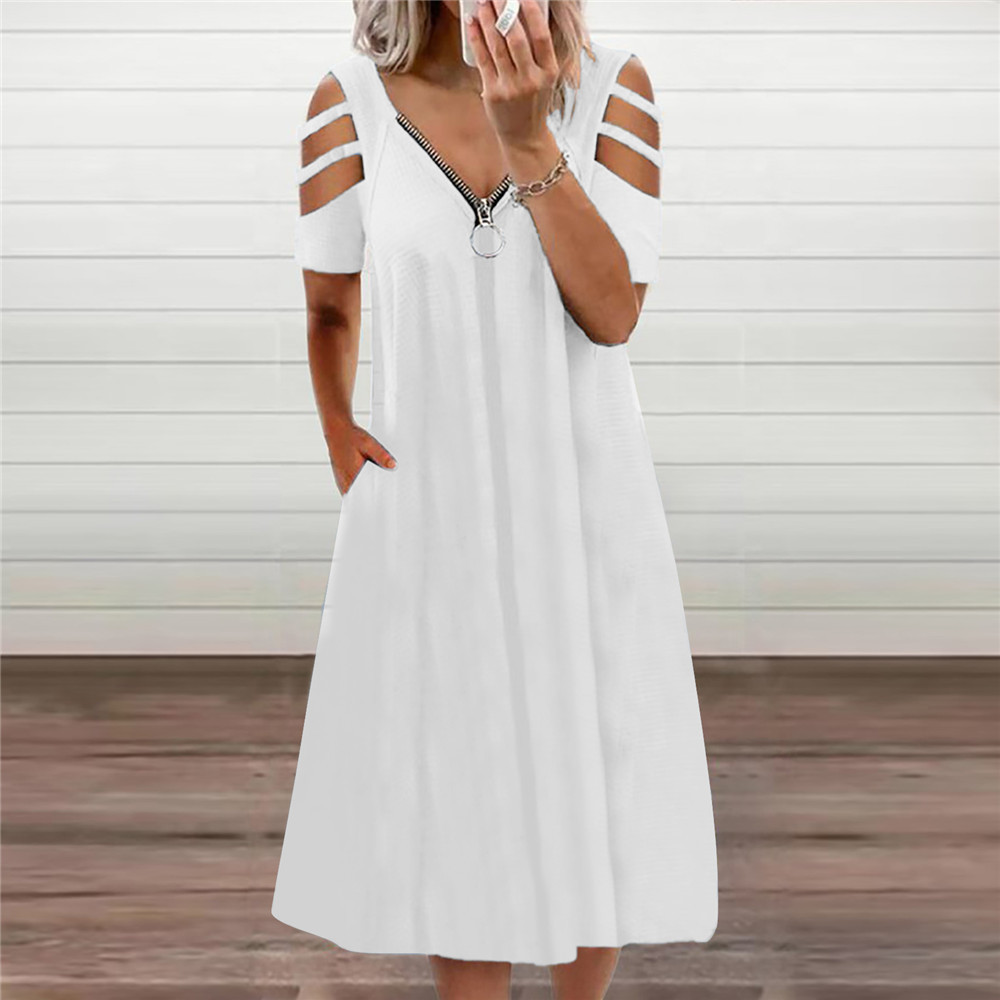 2023 Summer Cross-border European and American Women's wish Independent Station Hot V-neck Sexy Solid Color Zipper Short-sleeved Dress
