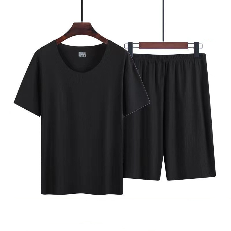 Ice Silk Pajamas Men's Summer Home Clothes Set Modal Seamless Crewneck Thin Short Sleeve Men's T-shirt Wholesale