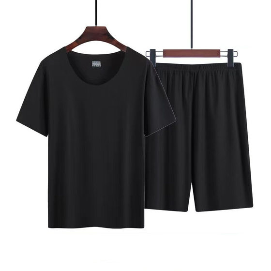 Ice Silk Pajamas Men's Summer Home Clothes Set Modal Seamless Crewneck Thin Short Sleeve Men's T-shirt Wholesale