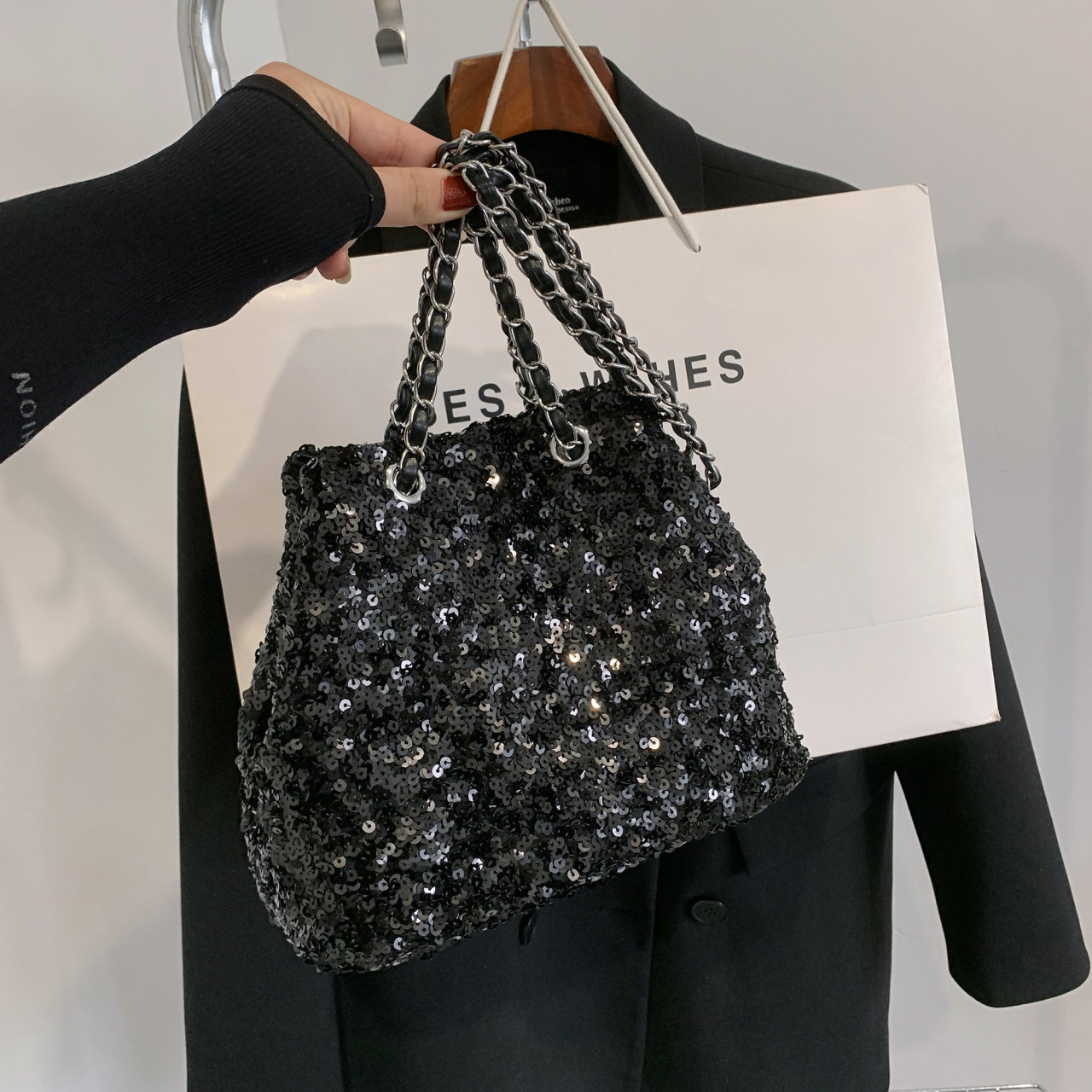 2023 Summer New Cross-border Portable Shoulder Bag Solid Color Sequin Commuter Niche Design Trendy Women's Bag Handbag