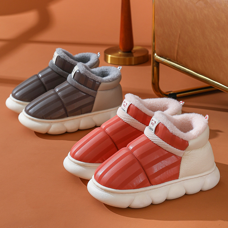 2023 New Home cotton shoes indoor home thick bottom waterproof leather cotton shoes fleece-lined thickened home shoes can be worn outside