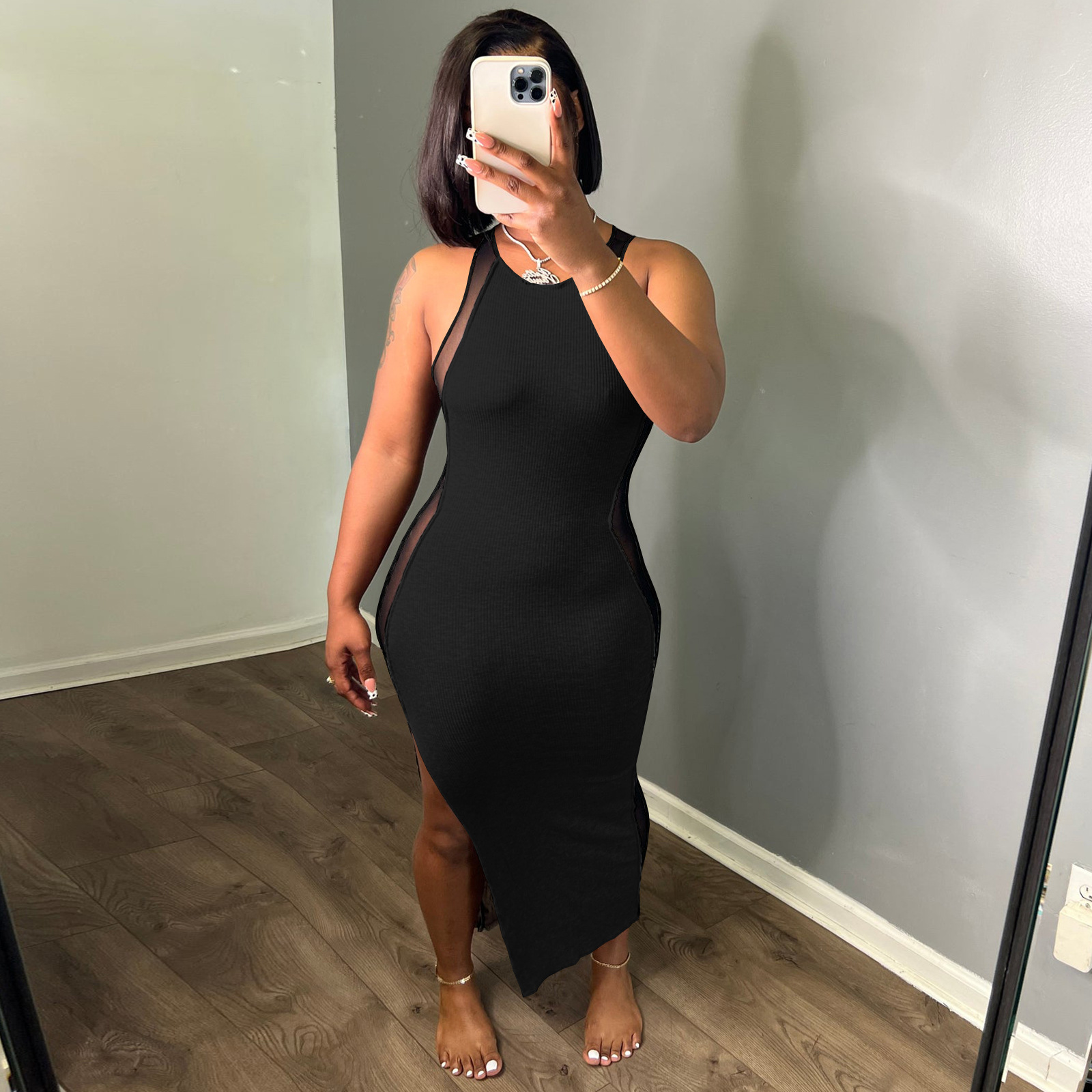 10130 European and American Women Fashion Casual Solid Color Sexy Split Dress