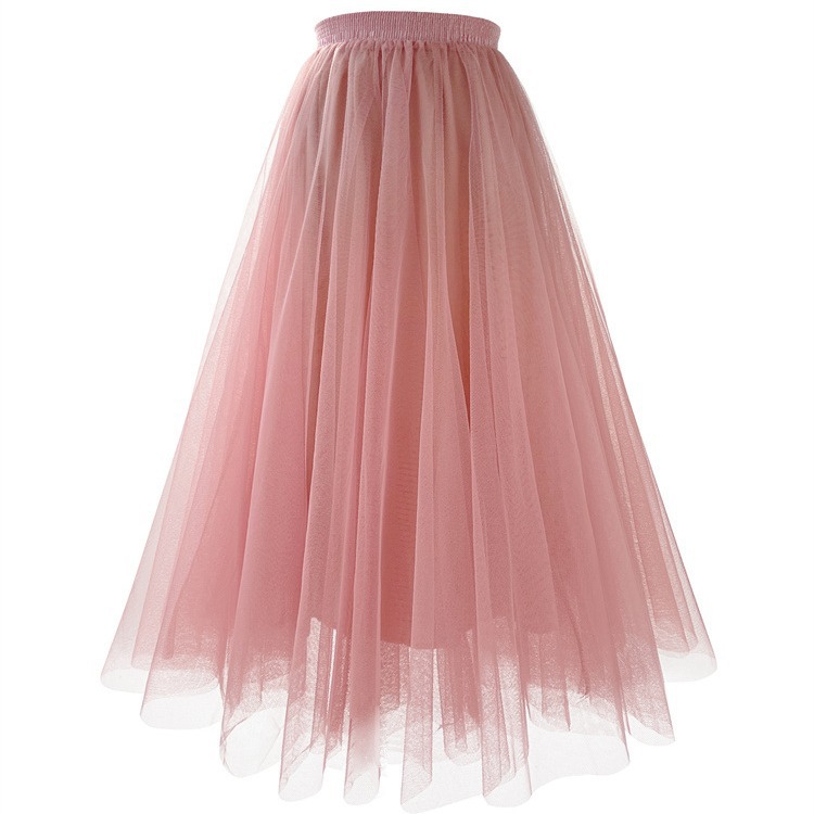 European and American New Autumn and Winter Mesh Pleated Skirt plus size Princess Skirt A- line Skirt High Waist Slimming Long Skirt Soft Yarn Skirt
