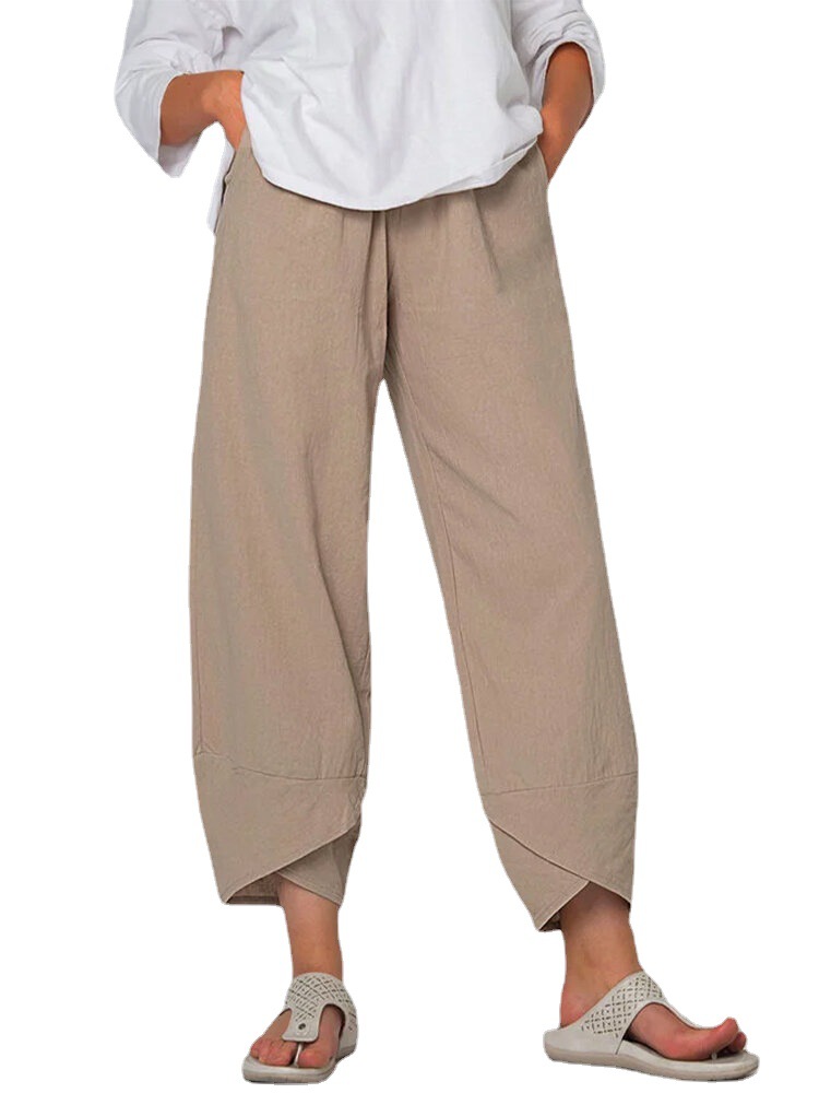 Factory direct sales spring and summer new foreign trade elastic waist cotton linen loose casual pants home pants women