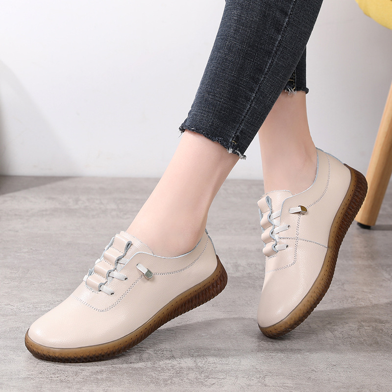 Women's white shoes with tendon sole cowhide comfortable soft bottom flat shoes for pregnant women fleece-lined casual women's casual shoes