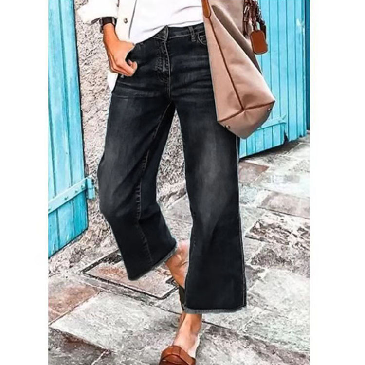 AliExpress wish cross-border European and American women's jeans temperament commuter straight pants cotton mid-waist black washed denim