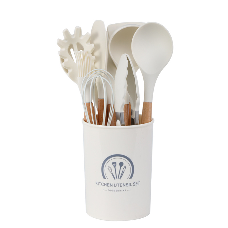 Cross-border milky white wooden handle silicone kitchenware 11-piece non-stick pan cooking spatula soup spoon kitchen tools suit