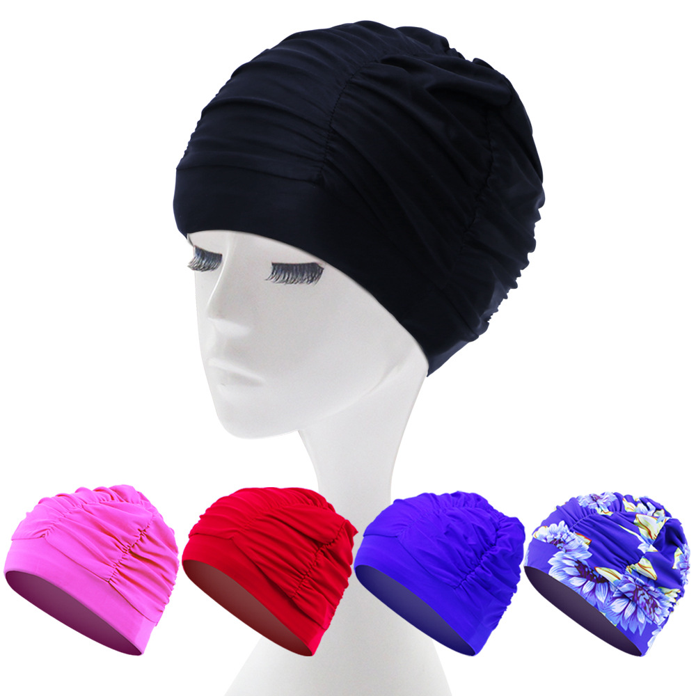 Adult swimming cap for men and women solid color pleated loose long hair ear protection cap high elastic cloth swimming cap wholesale
