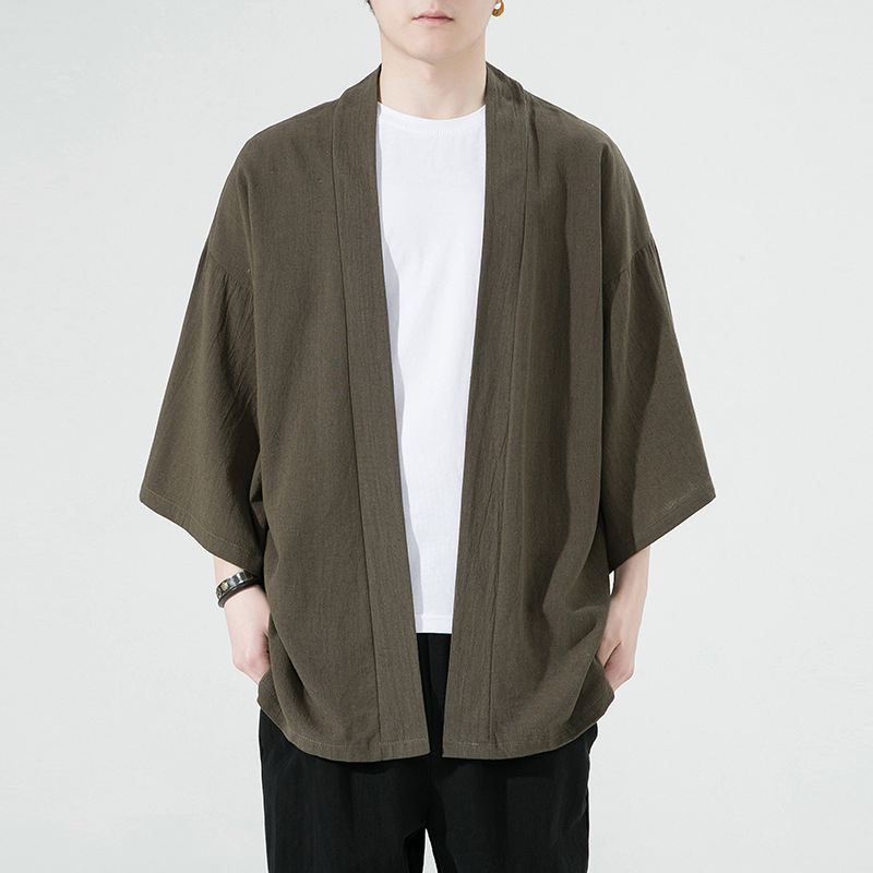 Foreign Trade 2023 Chinese Style Spring and Summer Cotton and Linen Seven-Sleeve Cardigan Robe Shirt Men's Loose Sunscreen Cape Coat