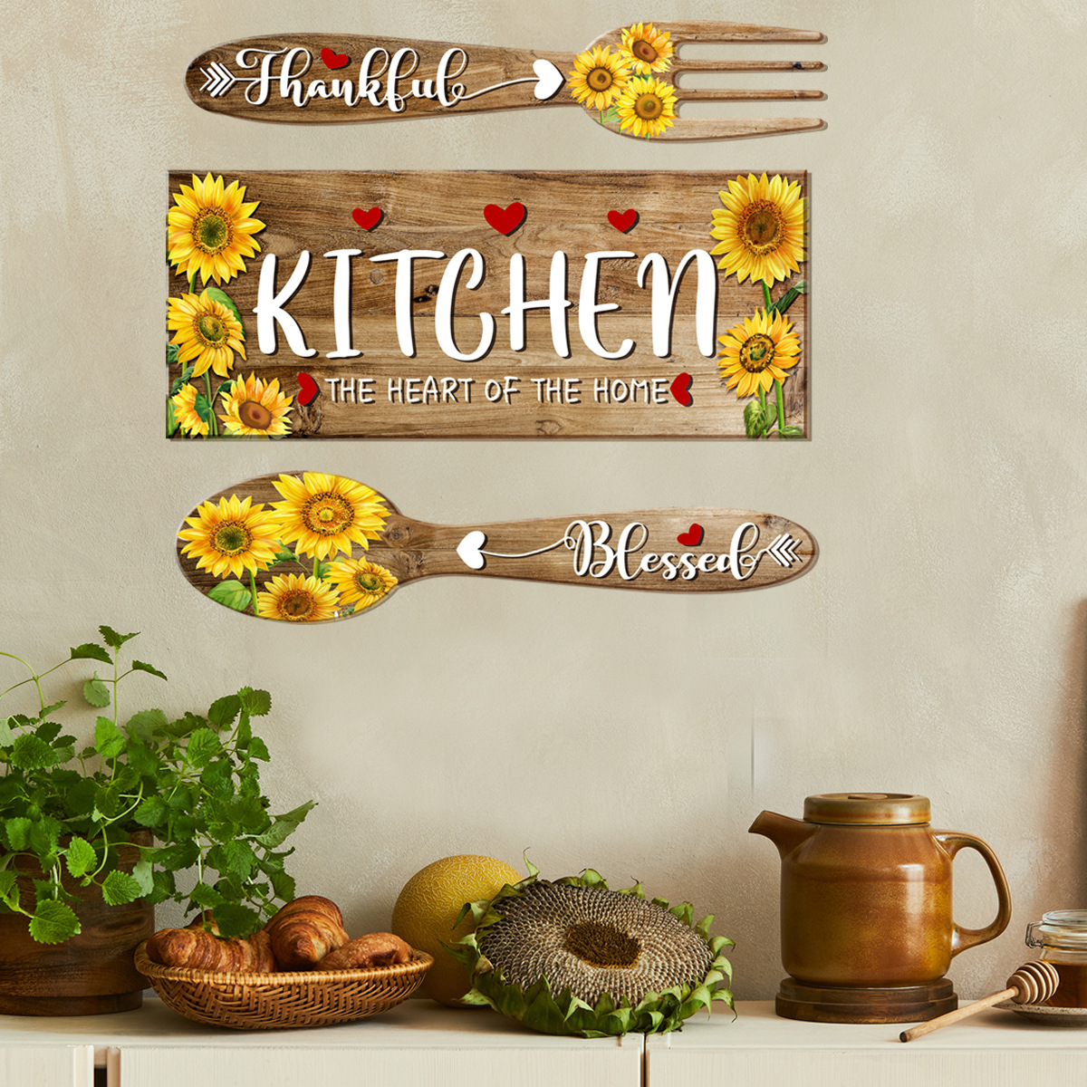 ATW4010-ZC Sunflower Spoon Fork Pattern Wall Stickers Kitchen Restaurant Decorative Wall Stickers Self-adhesive Wall Stickers