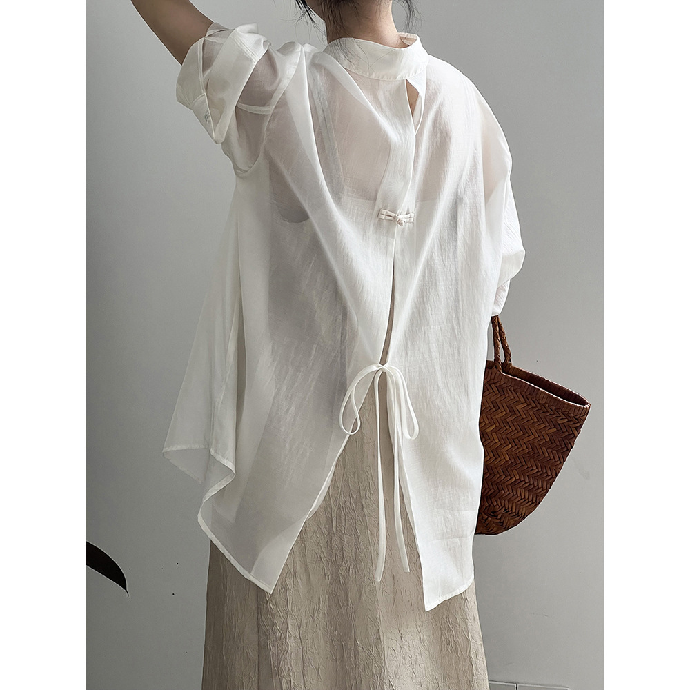 Yan Double Chinese-style Buckle Lightweight Sunscreen Shirt Women's 2024 Summer New Back Split Shirt Top 80997
