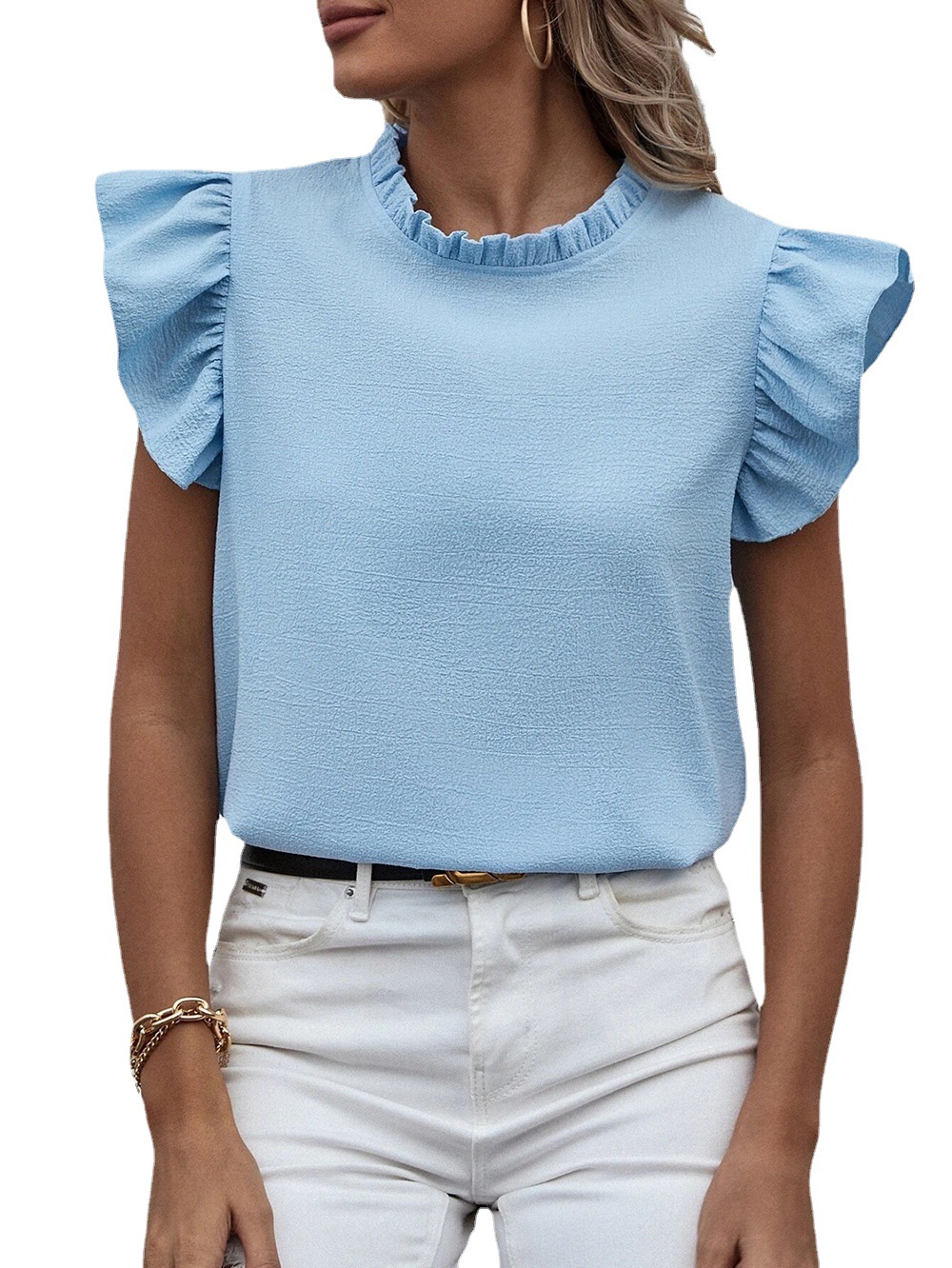 Cross-border explosions Amazon 2023 spring and summer Europe and the United States new leisure ruffled vest sweet round neck women's shirt