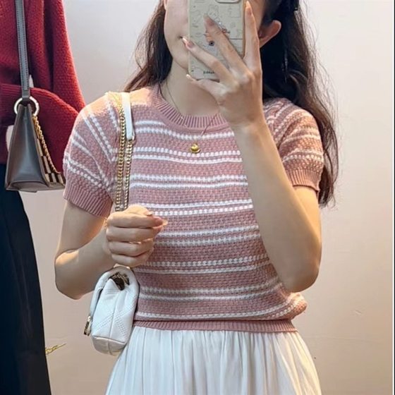 Short-sleeved Chanel Striped Sweater Women's Summer Thin 2023 New Design Slim-fit French Top
