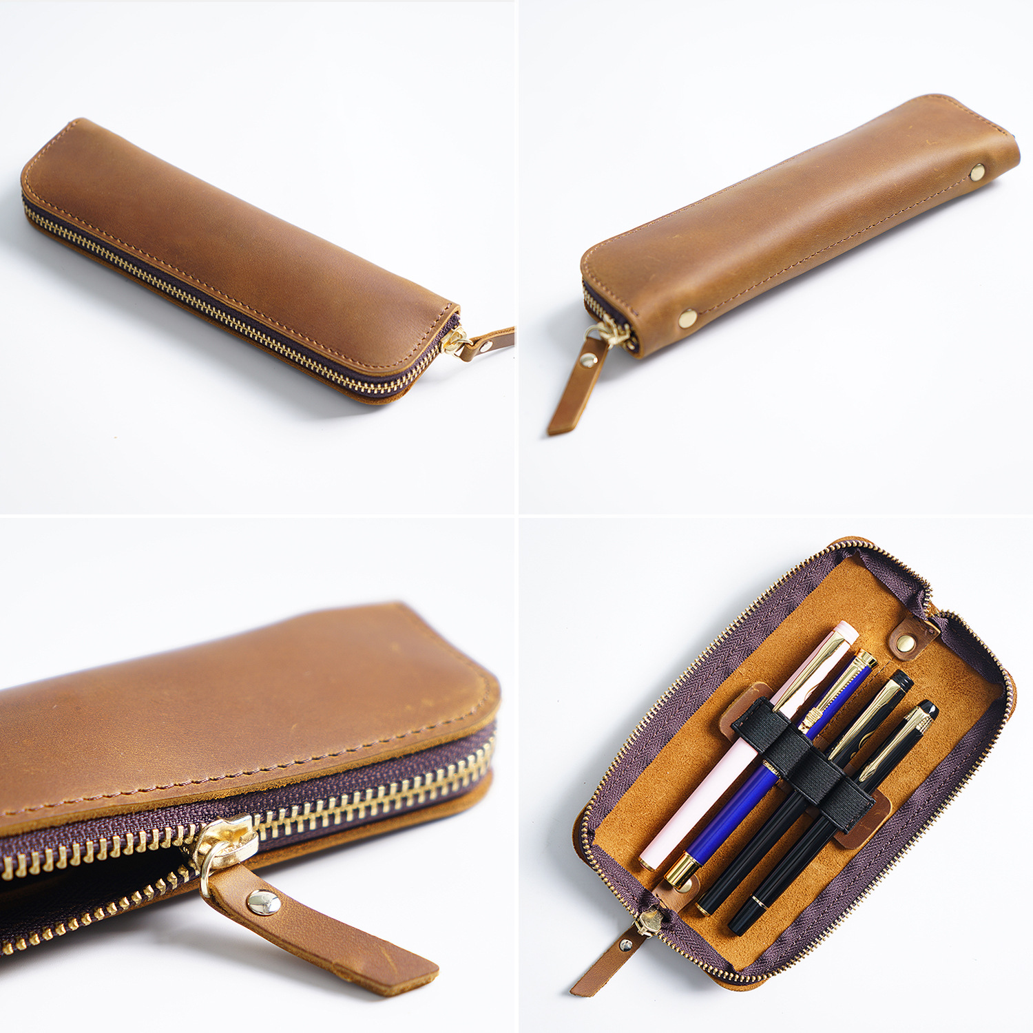 Amazon Simple Cowhide Pencil Case Men's Pen Protective Case Mini Small Portable Stationery Bag Female Student Storage Bag