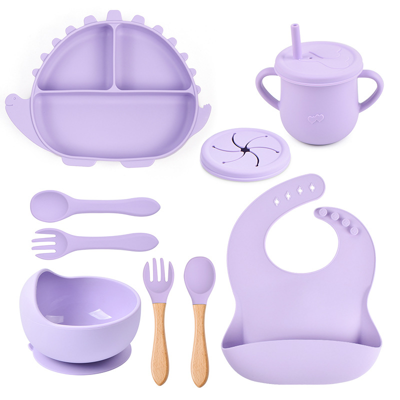 8-piece Children's silicone tableware suit dinosaur silicone dinner plate bib spoon Fork cup baby silicone dinner plate
