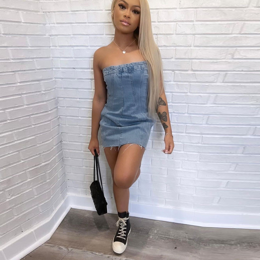 9220DD Nazada Source Denim Skirt Spring and Summer Europe and America Amazon Sexy Backless Wash Water Wrap Dress Women
