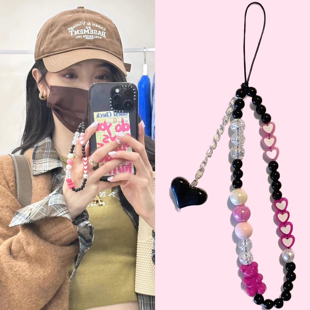 【吳宣儀同款】原創設計美式復古y2k黑粉小熊串珠手機鏈ccd相機鏈
