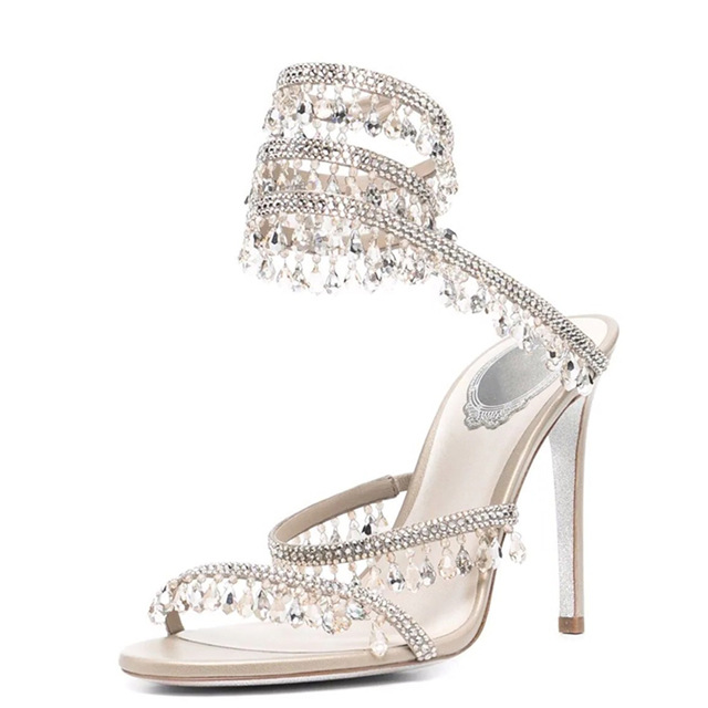 2023 spring and summer new rhinestone gem ankle winding snake-shaped high heel sandals sexy European and American cross-border large size shoes for women