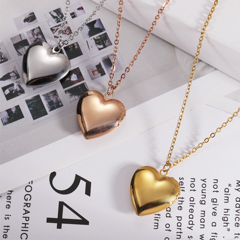 316L Personalized Simple Photo Locket Necklace with Stainless Steel Heart Photo Box Pendant