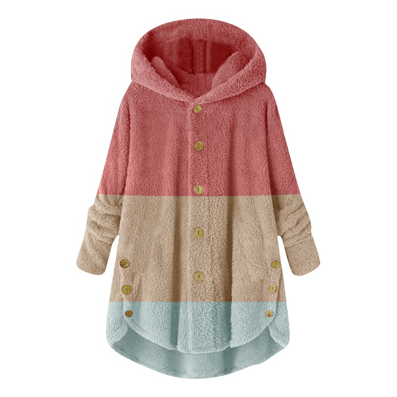 2023 Winter   New Fashion Women's European and American Button Plush Top Color Matching Multicolor Hooded Jacket_voghion.com