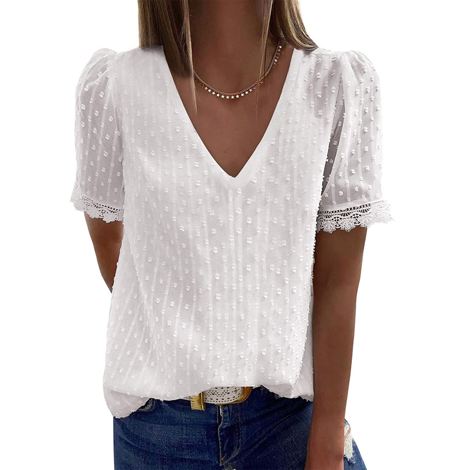 Solid Color Jacquard Lace V-Neck Casual Shirt