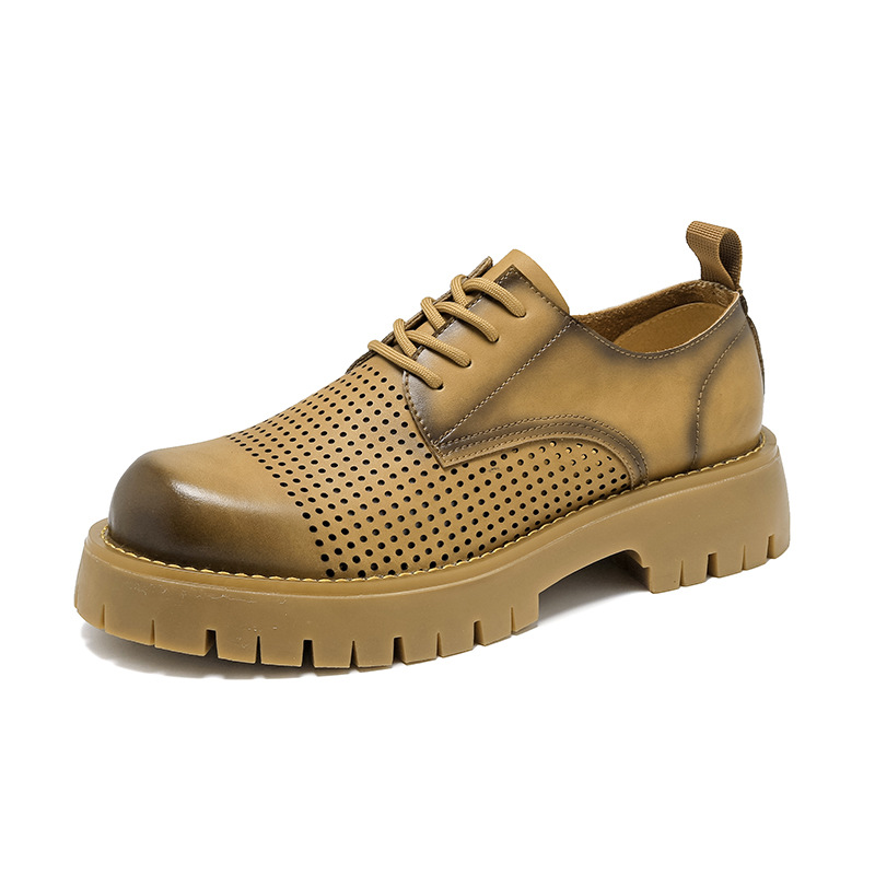 Summer Breathable Hollow Loafers Men's Sandals British Style Round Toe Lace-up Shoes Vintage Leather Shoes 25826-T