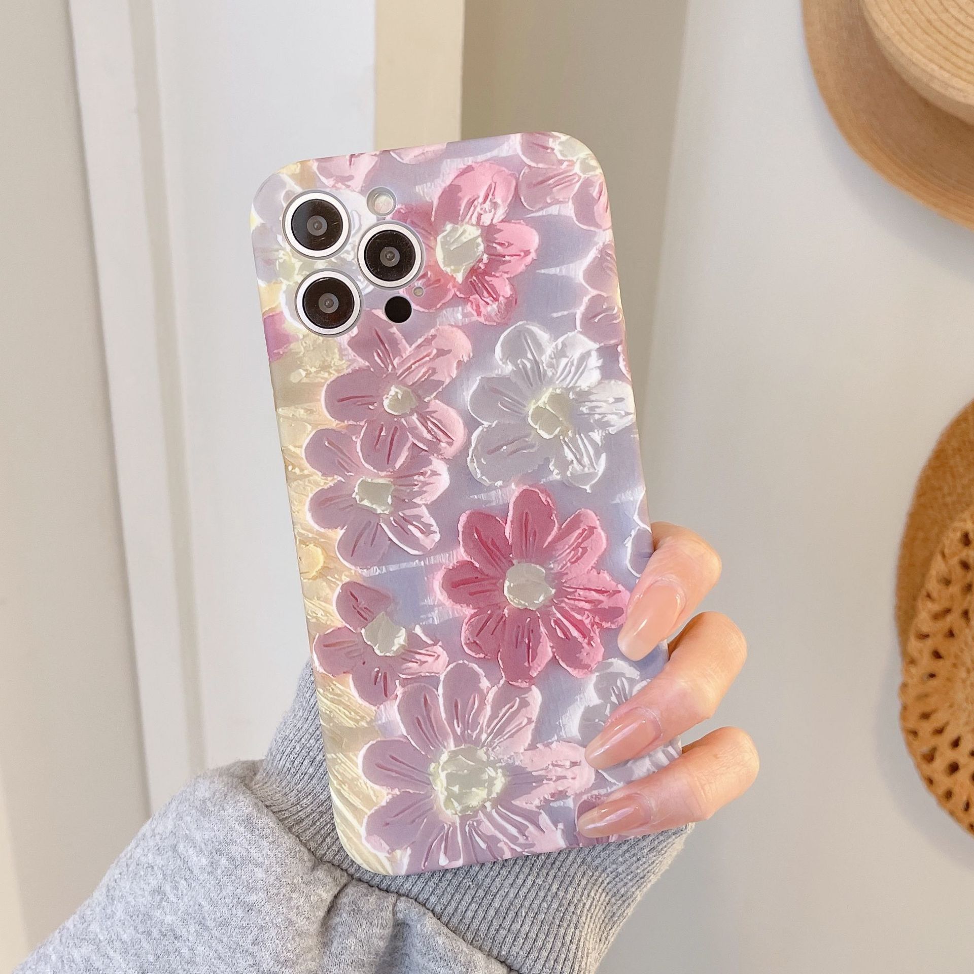 油畫粉花適用iPhone14pro max蘋果15手機殼13/12韓風硅膠液態11女