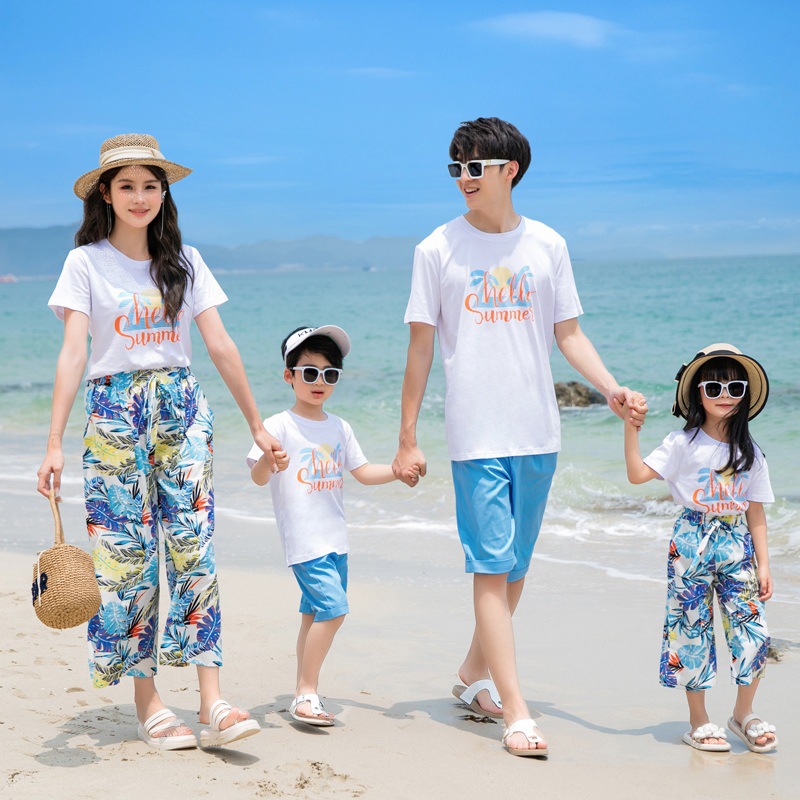 2023 Parent-Child Suit Family of Three and Four Beach Seaside Vacation Sanya Tourism Foreign Style Mother-Child Mother-Daughter Suit