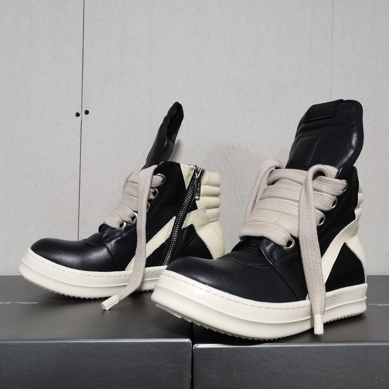 rricowees Spring European and American Fashion Ankle Boots Cowhide High-top Inverted Triangle Black and White Personalized Thick Sole Height Increasing Men's Shoes