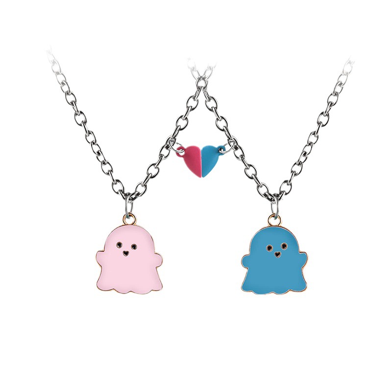 Black and White Ghost Cartoon Necklace Halloween Gift Jewelry Magnetic Brushstone Pendant Personalized Couple Stainless Steel Necklace