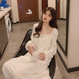 Spring and Autumn sweet princess style lace court lace long-sleeved nightdress women's loose long over-the-knee girl's home wear