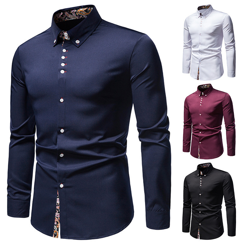 Cross-border 2022 new men's long-sleeved shirt European and American style youth casual lapel slim color matching shirt men's wholesale