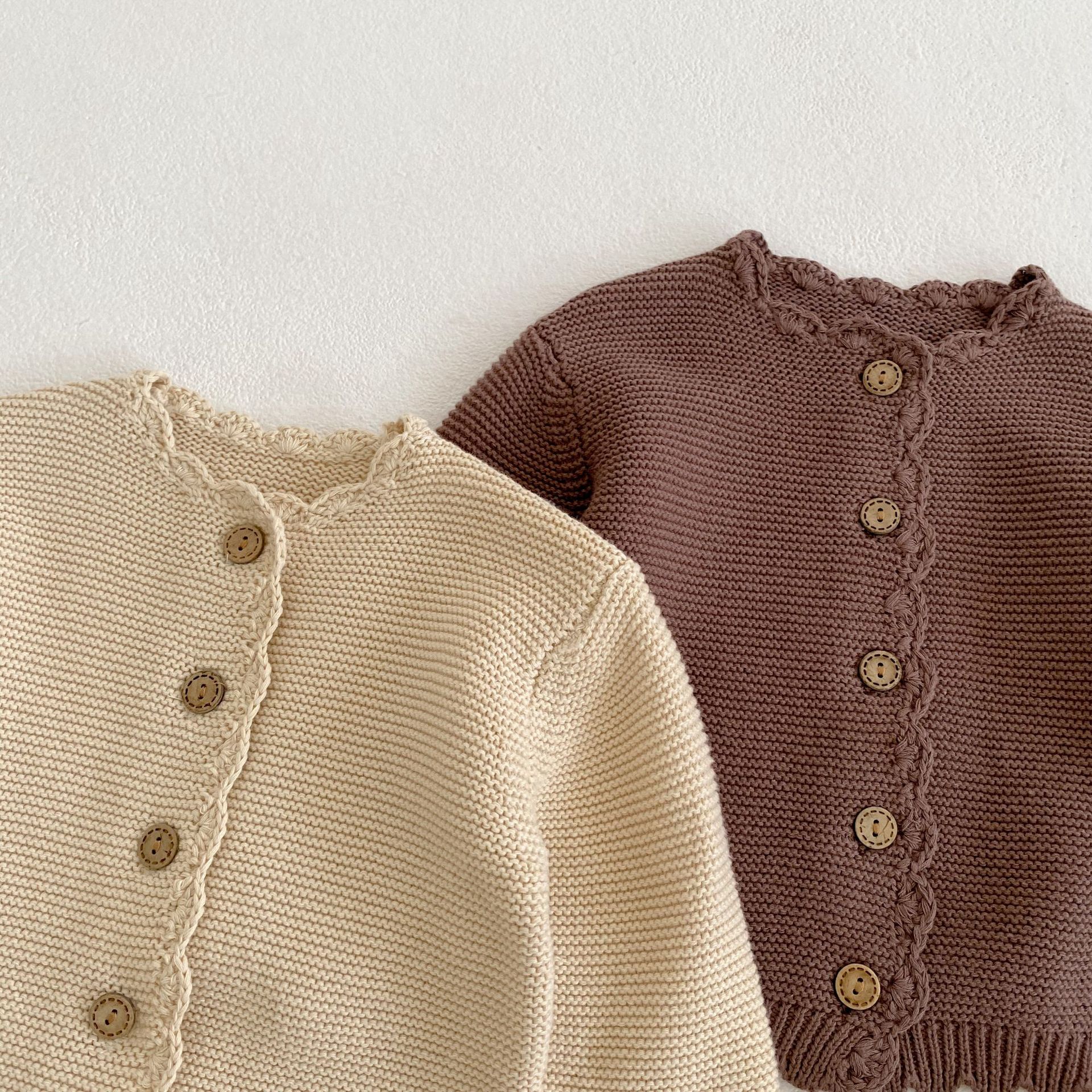 Spring 2023 All-match Boys and Girls Baby Children's Crewneck Handmade Crocheted Pure Color Knitted Cotton Long Sleeve Cardigan Jacket