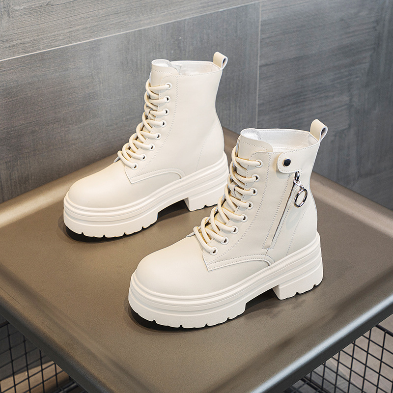 2023 autumn and winter new women's boots hidden height small thick bottom mid-calf versatile small boots British style Martin boots_voghion.com