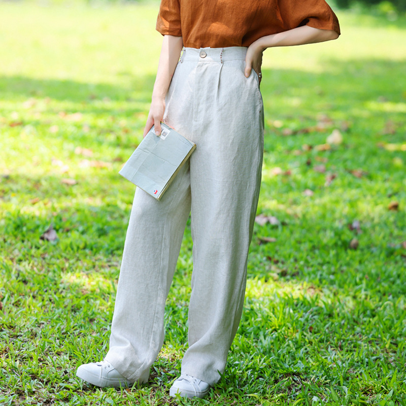 2023 Early Autumn Pure Linen Yarn Wash Thick Semi-elastic Loose Floor-length Trousers Artistic Retro Mid-waist Straight Leg Pants