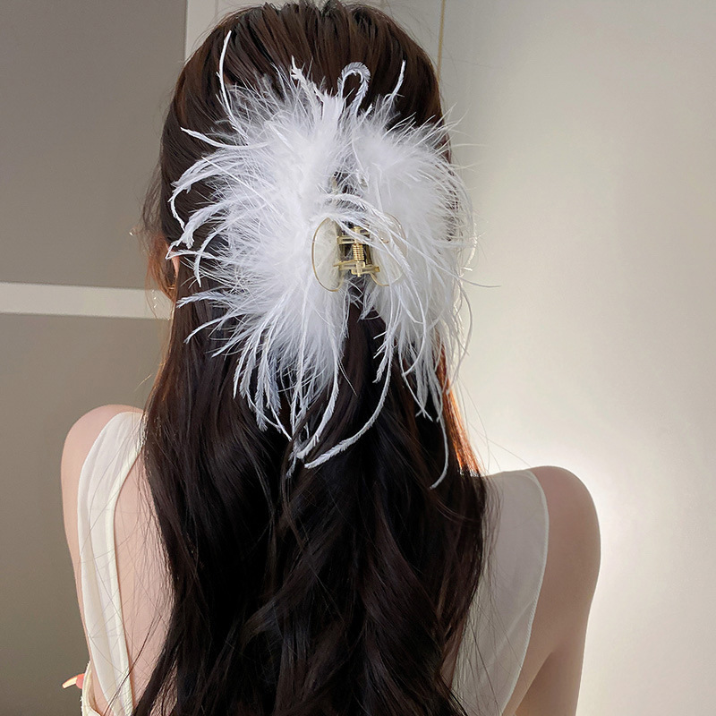 High-grade Long Ostrich Hair Clip Mori Style Immortal Beauty Back of Head Temperament Clip Hair Clip Shark Clip Hair Accessories Headdress