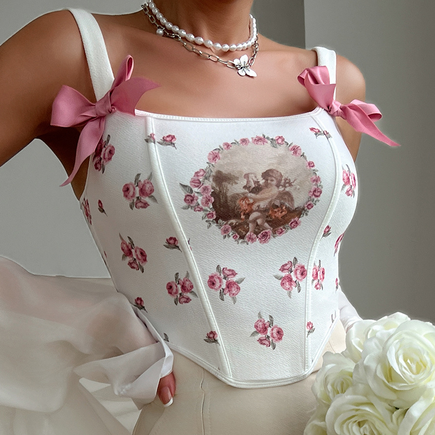 Cross-border Foreign Trade Street Sexy Strap Backless Strap Spice Girl Fish Bone Printed Waist European and American Style Vest 7798